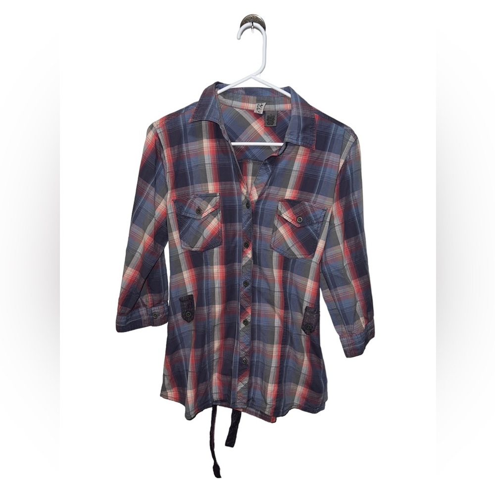BKE Buckle Plaid Button Down Tie Shirt